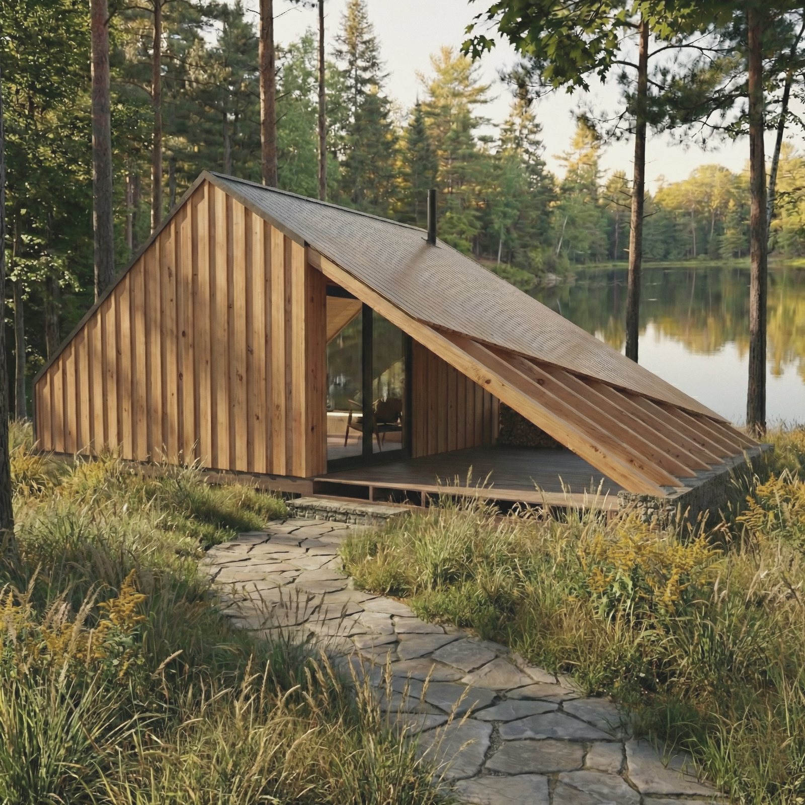 A cabin whose roof runs unbroken to the ground on one side, glazed at the gable, a stone path leading up to it