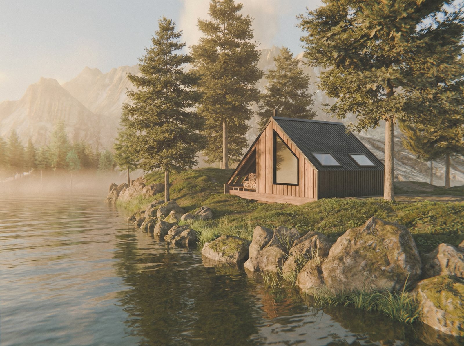 The same cabin seen from across water, low against the treeline in morning mist