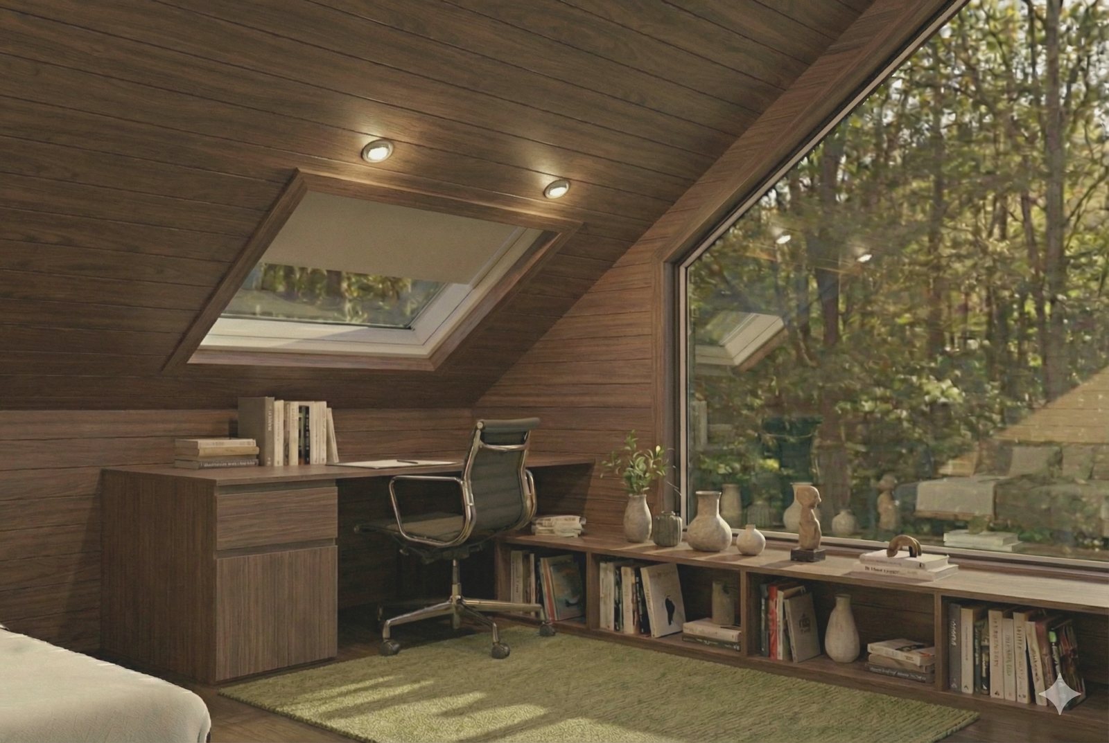A desk set under the glazed gable, looking out into the trees