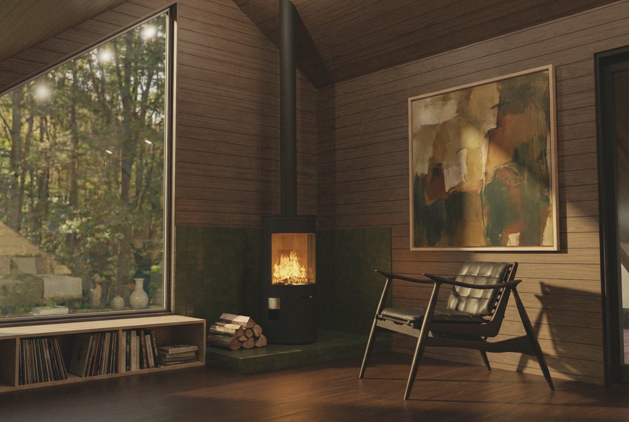 A wood stove and a chair beside the window seat
