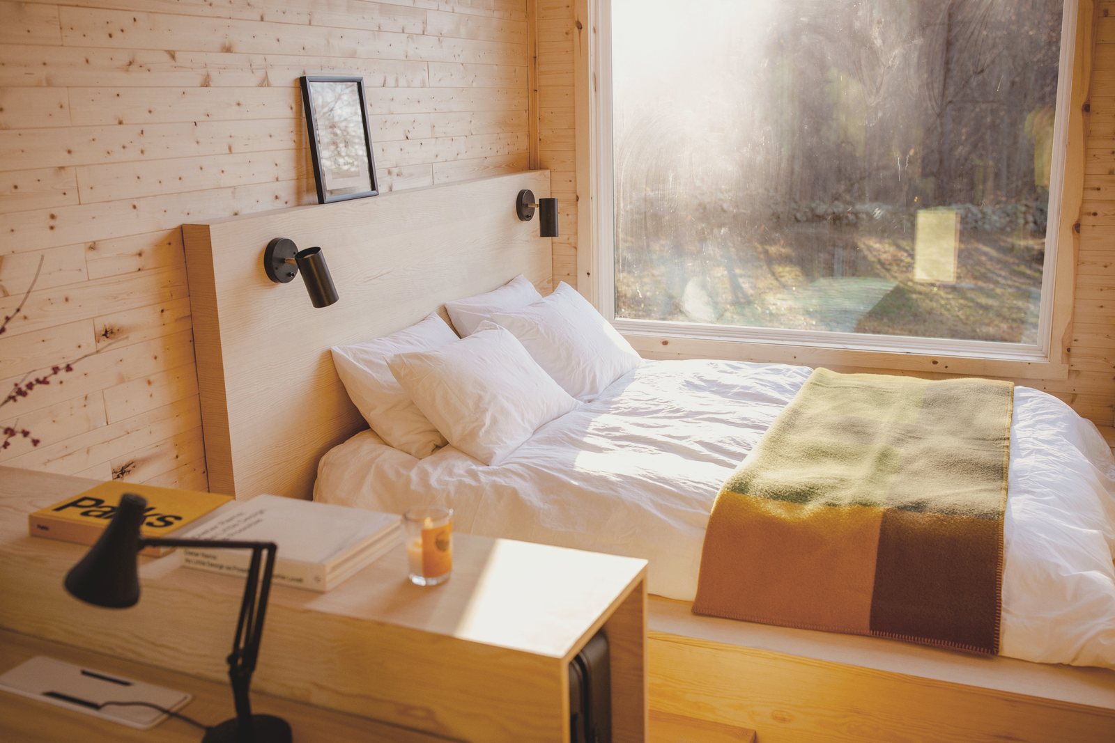 A bed set under a window looking into the woods