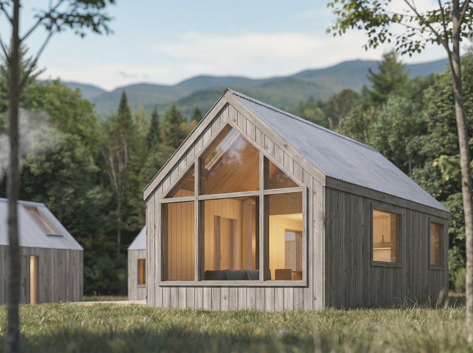 A dark board-clad cabin with a steep gable and a fully glazed gable end, lit warm from inside, standing in a clearing with hills behind