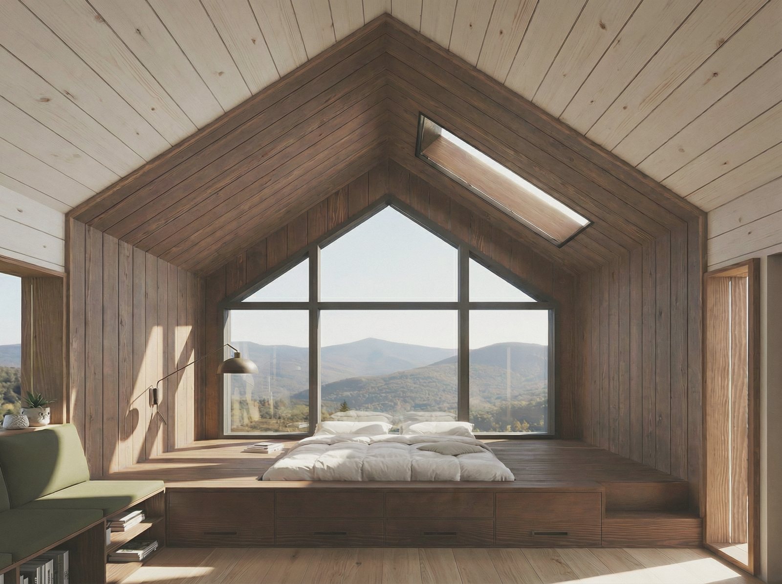 A bed on a raised platform under the glazed gable, pine-lined, with a skylight above and a long view out to the hills