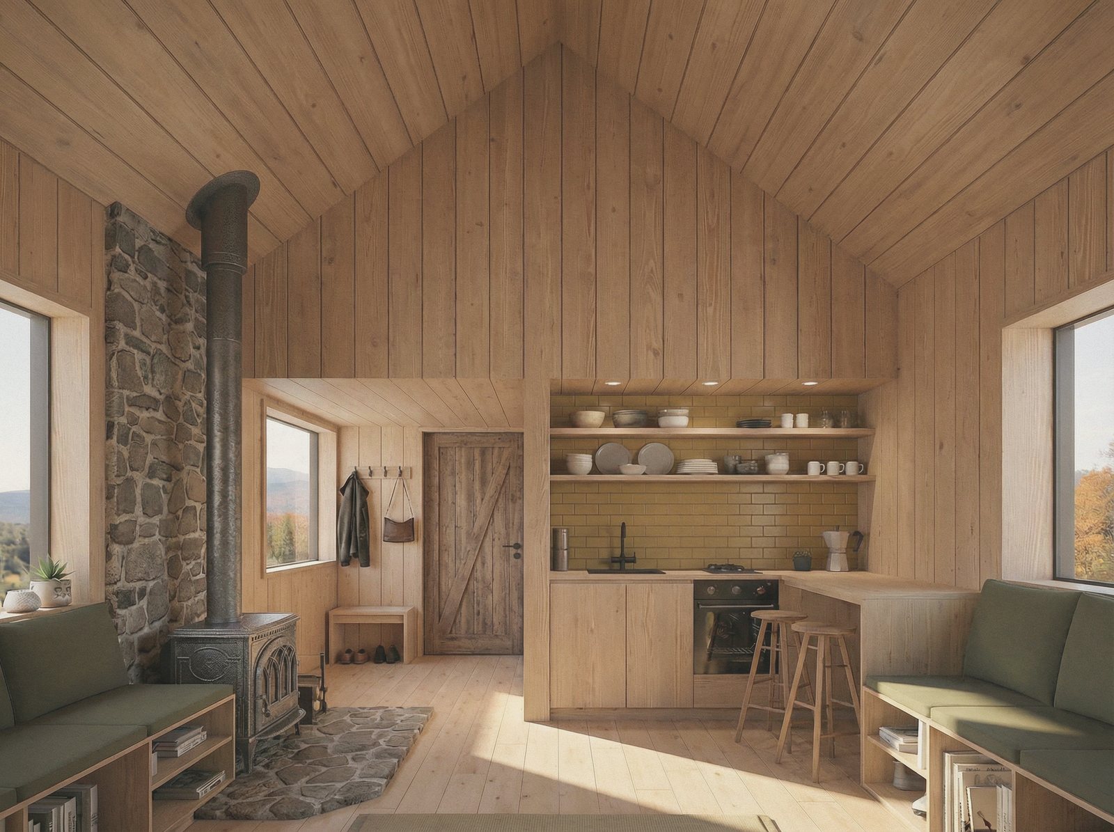 The kitchenette along one wall with open shelving, a wood stove on a stone hearth and built-in bench seating opposite