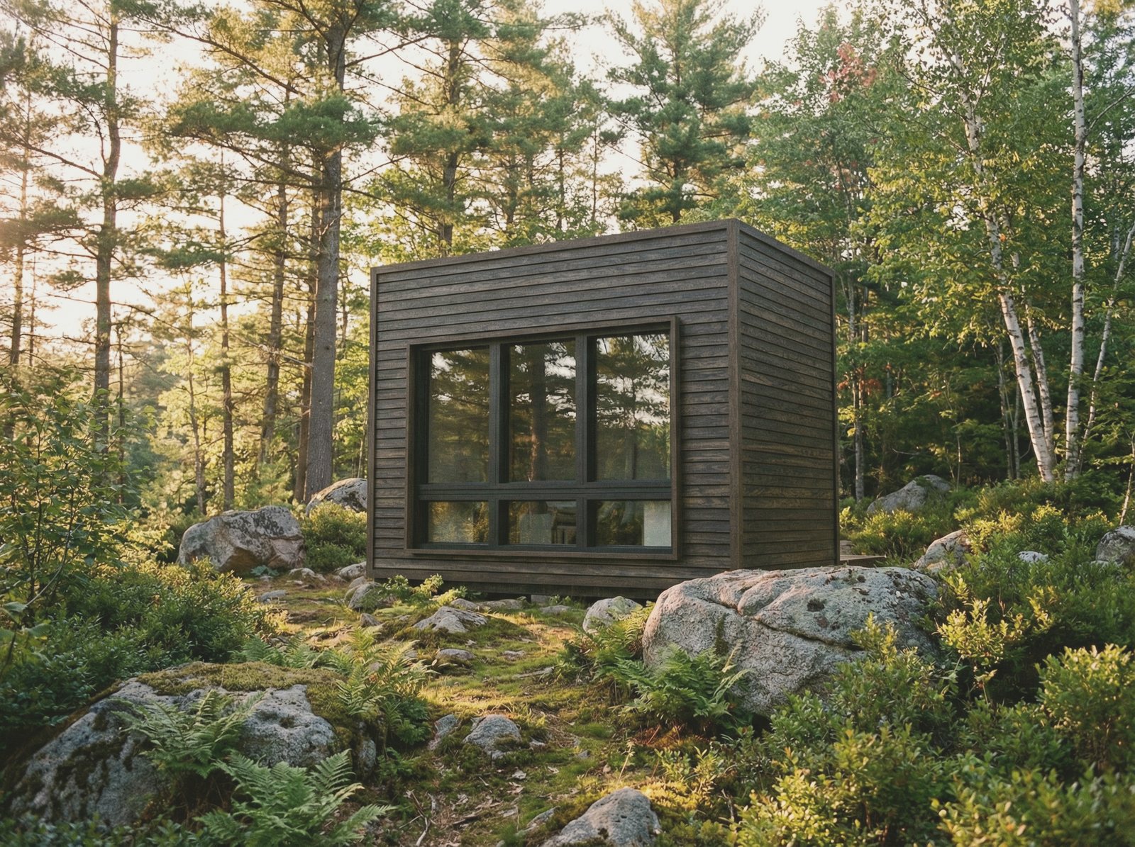 A small dark-clad pod with a flat roof and a glazed corner, sitting among mossy boulders and birch in summer woods
