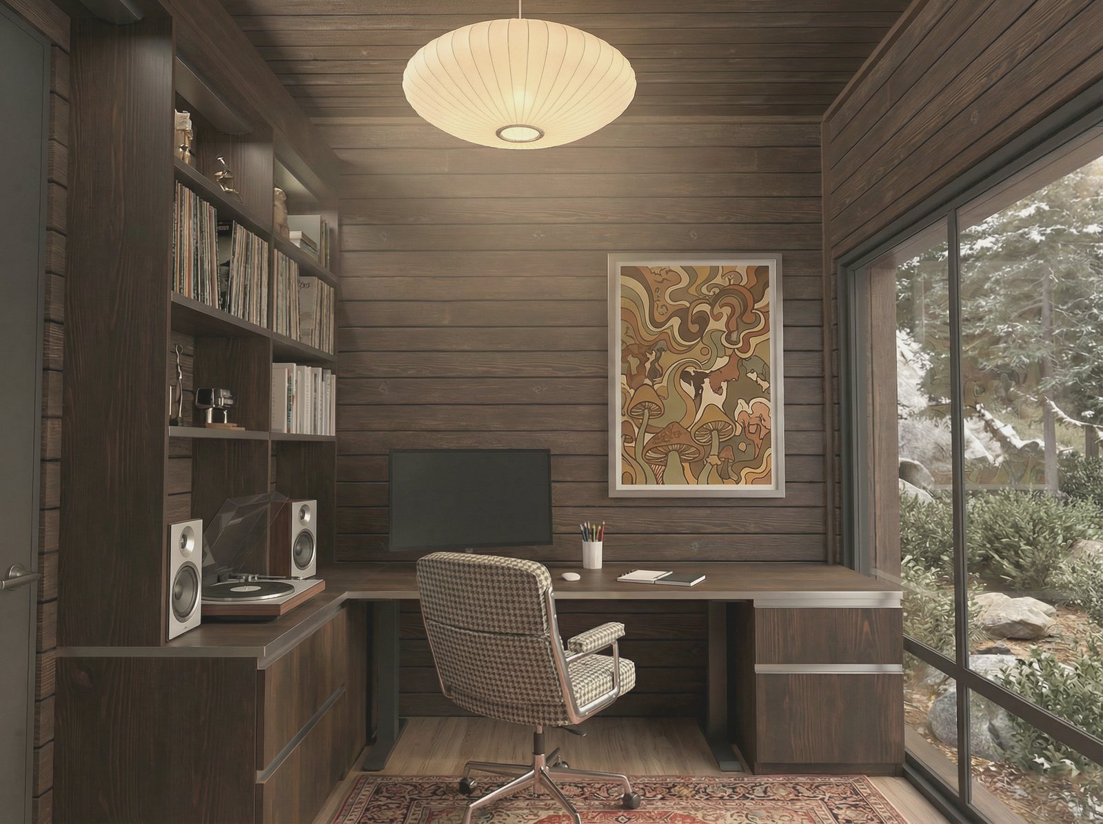 The interior looking at the desk wall, with bookshelves floor to ceiling and the window wall open to the woods