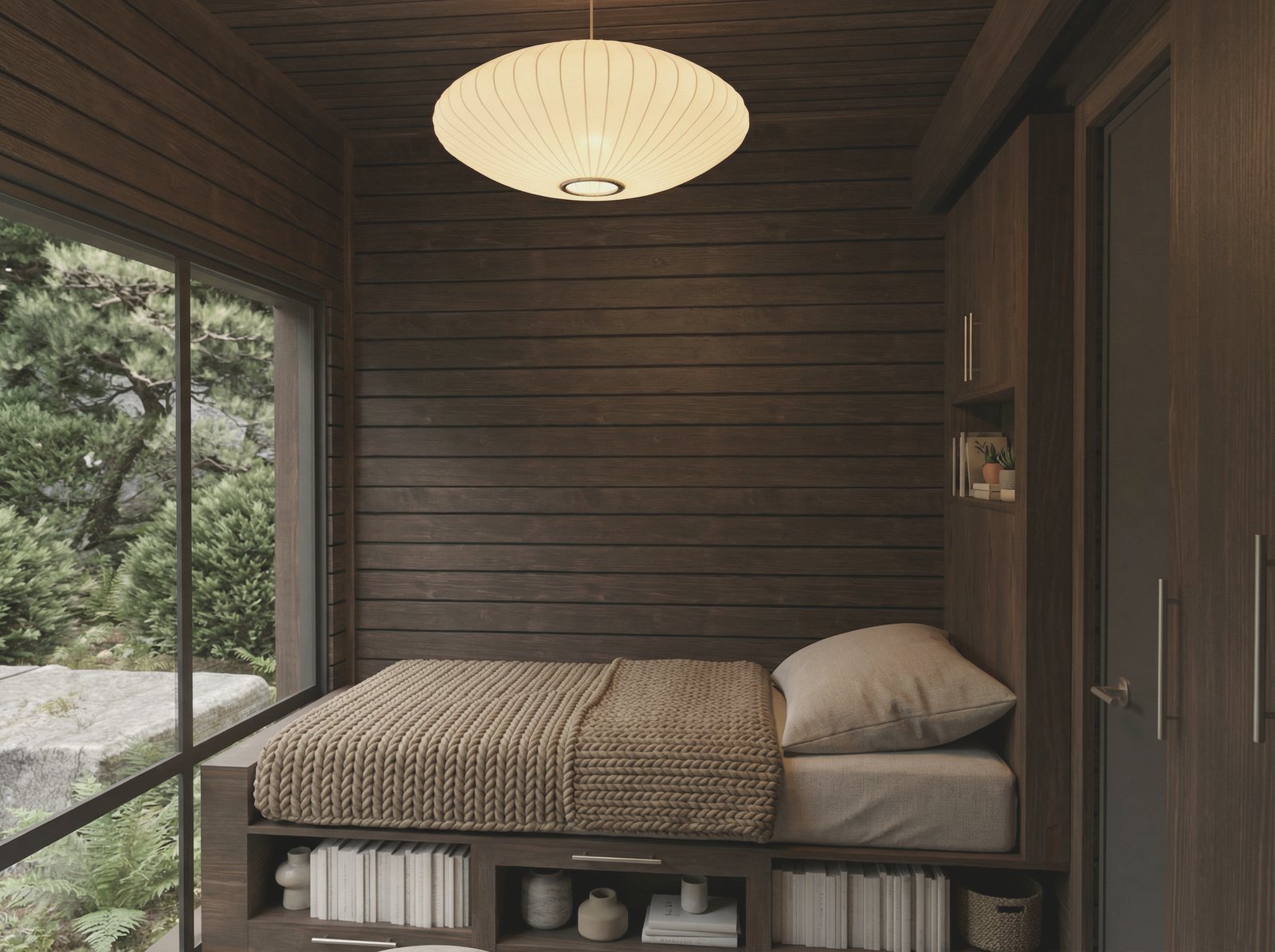 The day bed built in under the window with storage drawers beneath it, the whole room lined in dark timber