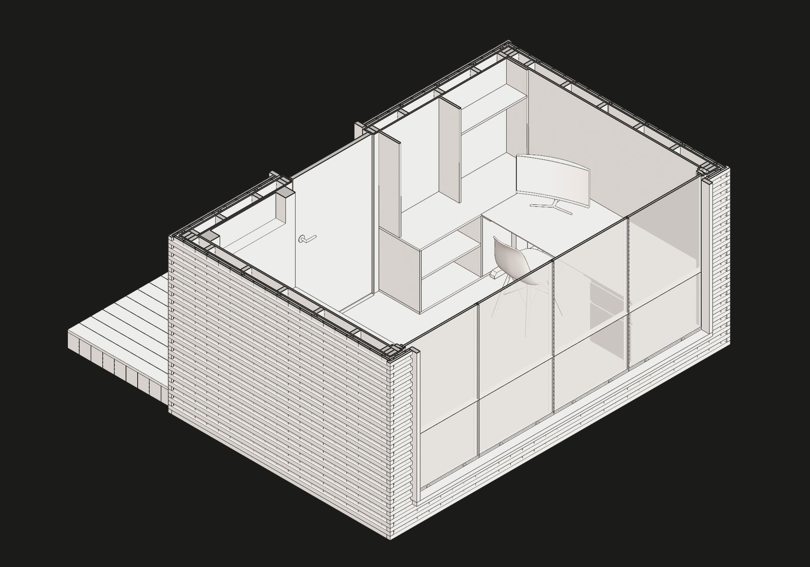 A cutaway axonometric of the pod showing the desk, the day bed and the storage wall in plan