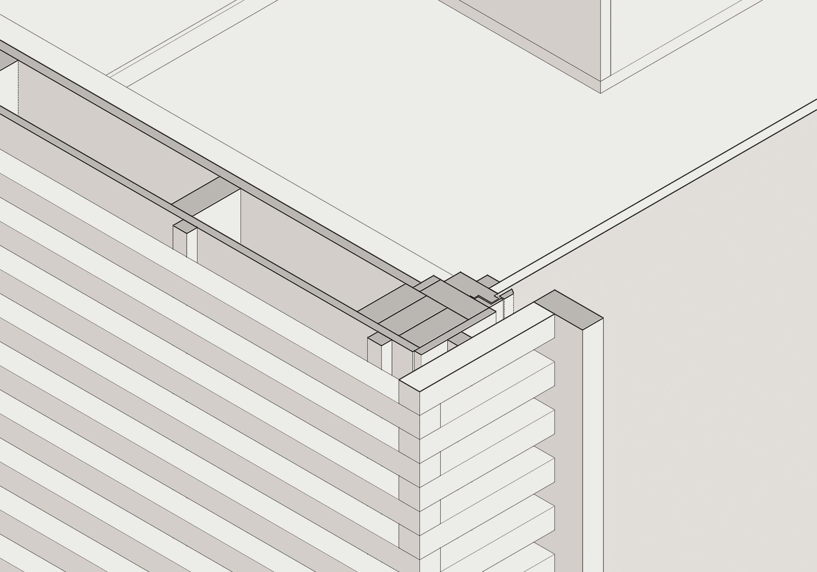 A construction detail drawing through the wall and roof junction, showing the assembly layer by layer