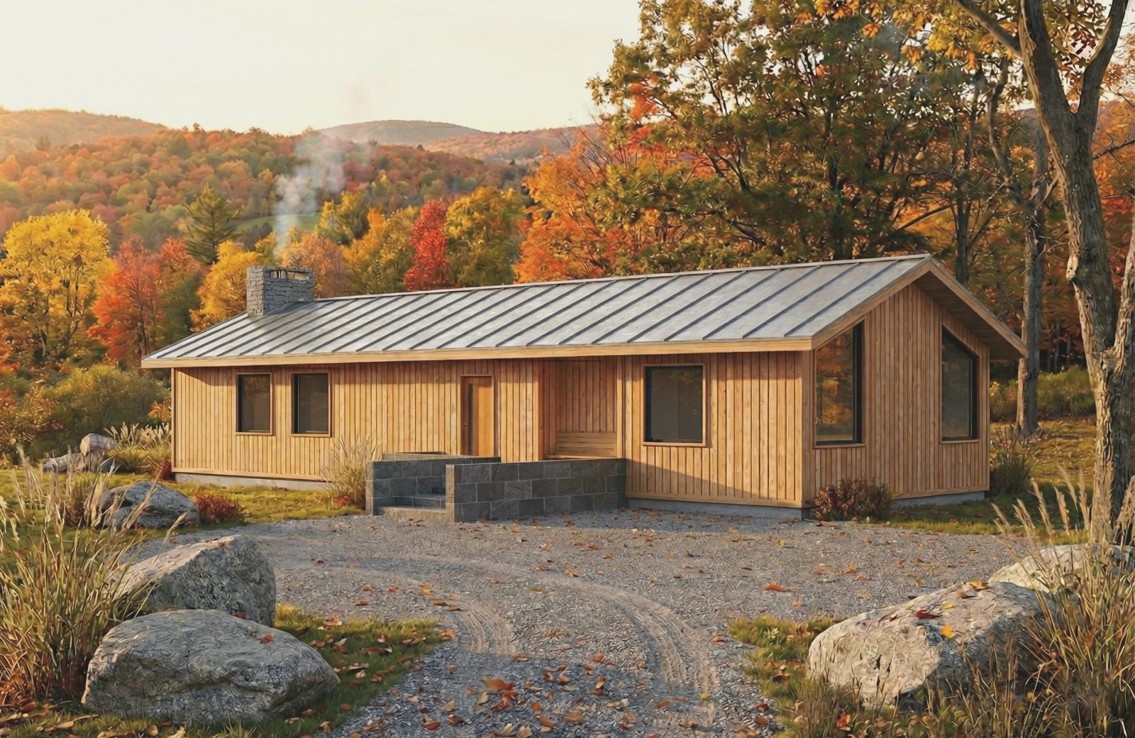 The long elevation of a single-storey house with a standing seam roof and a stone chimney, autumn woods behind
