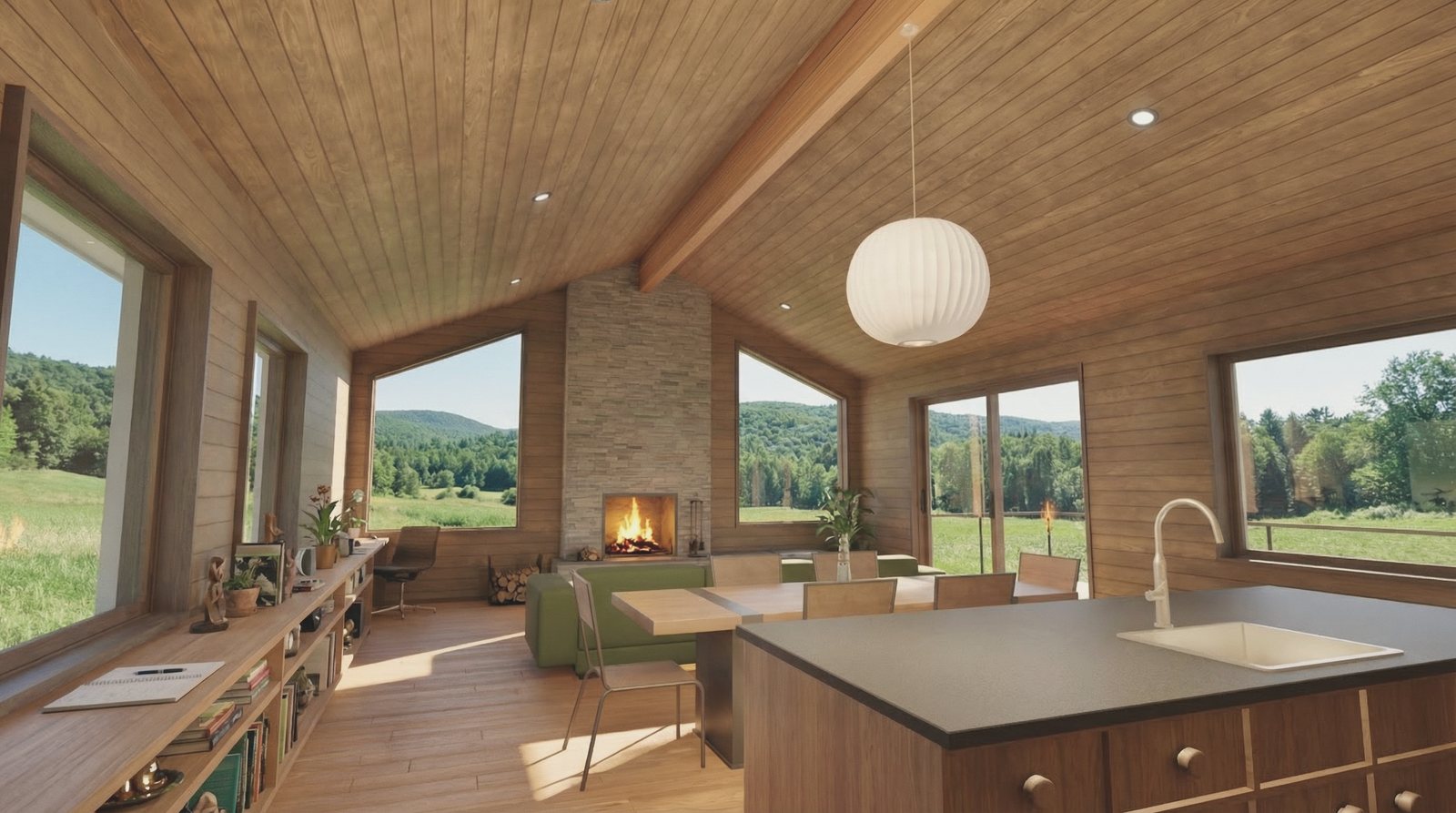 The living space, wood-lined, opening to a wall of glazing over the valley