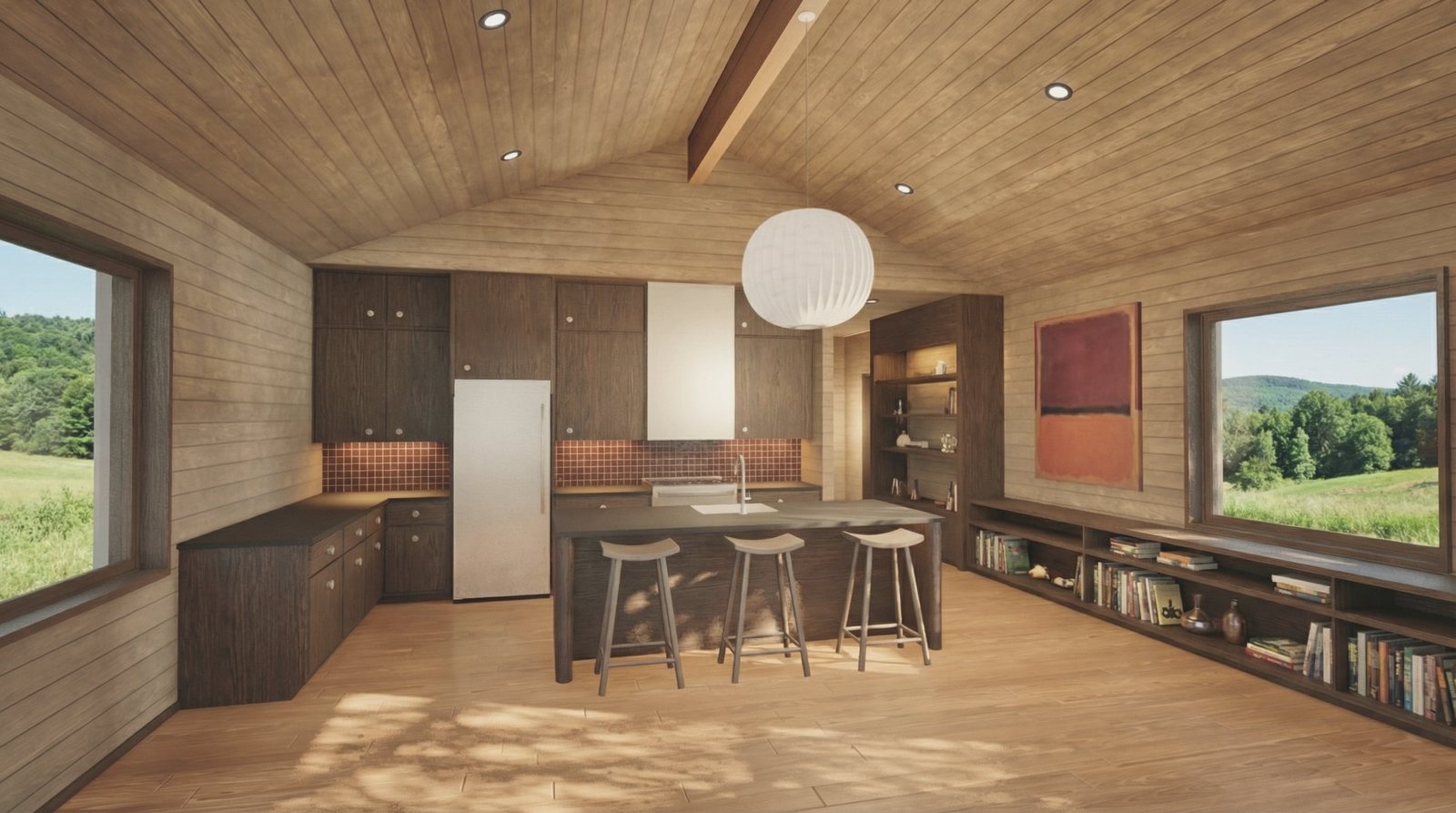 The kitchen, dark cabinetry against pale wood, with a low bookshelf running under the windows