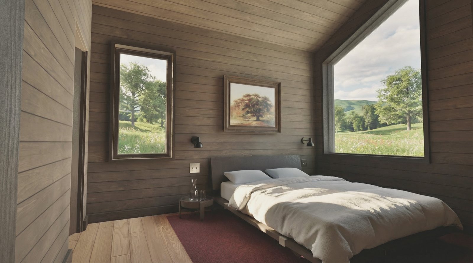 A bedroom with a corner window looking onto the field
