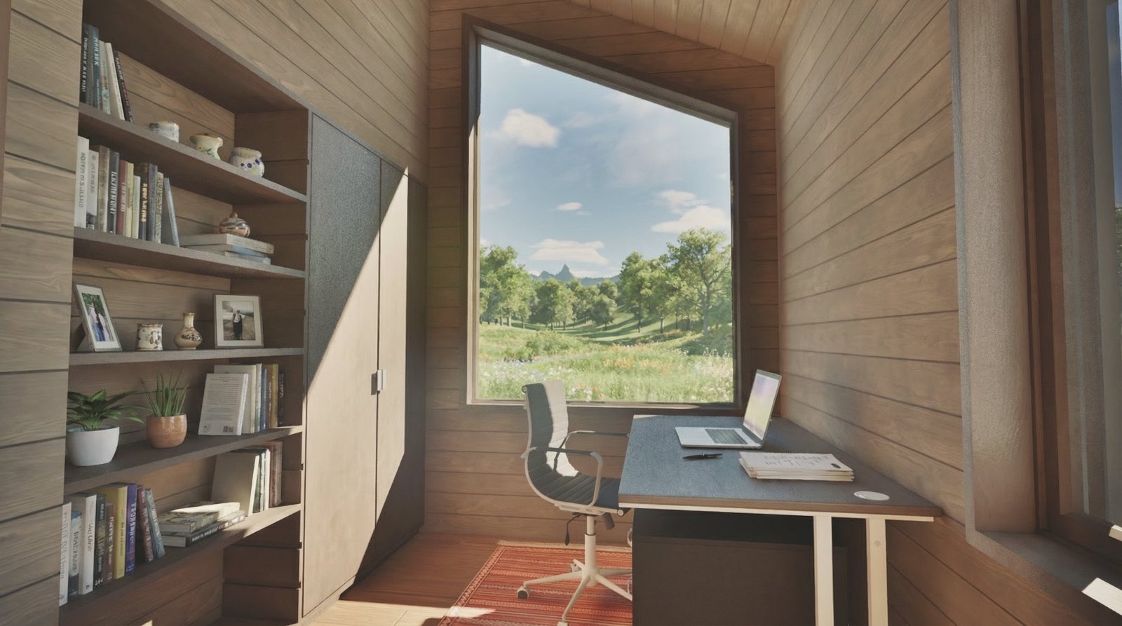 A study lined with shelves, a desk set against the window