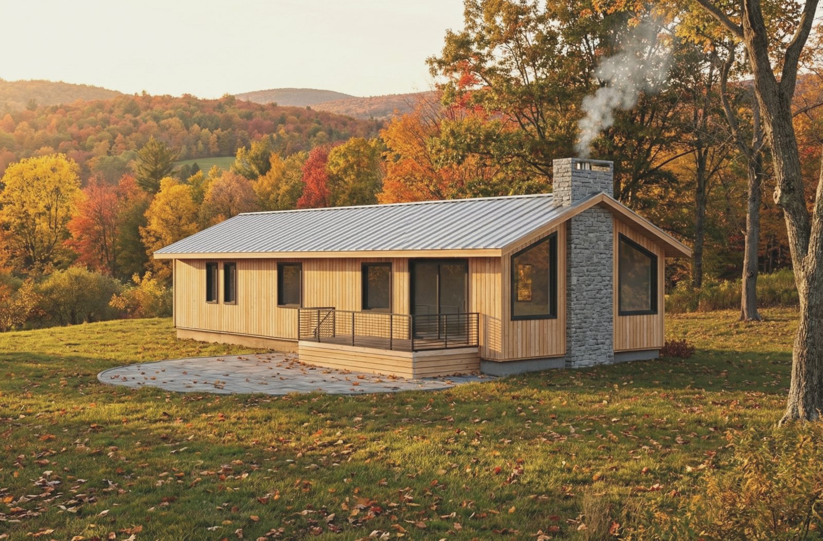 The house seen long and low across a meadow in autumn, its standing-seam roof running the length of the plan
