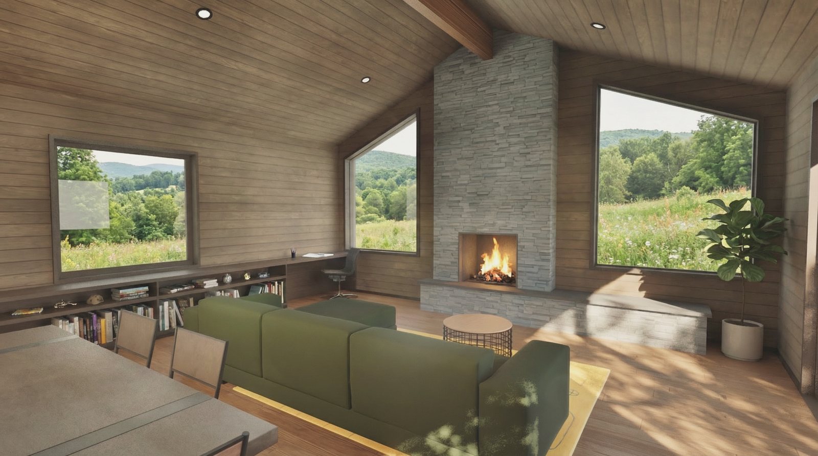 The living end under the vaulted ceiling, a built-in bench along the glazing and the stone chimney at the far wall