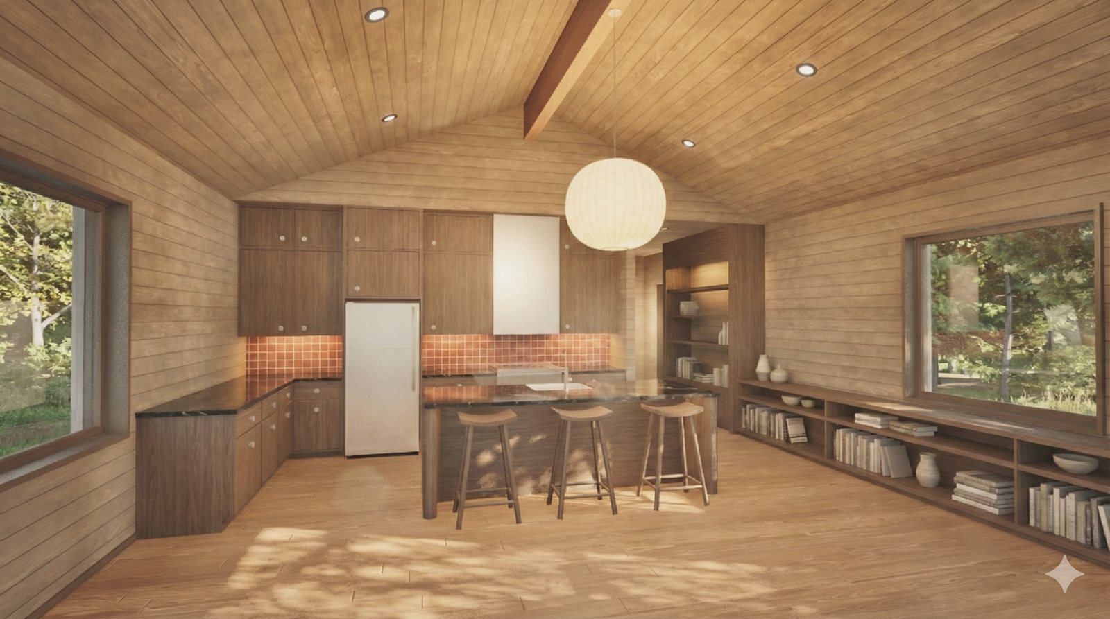 The same kitchen in the darker material option, with stained cabinetry against the pine ceiling