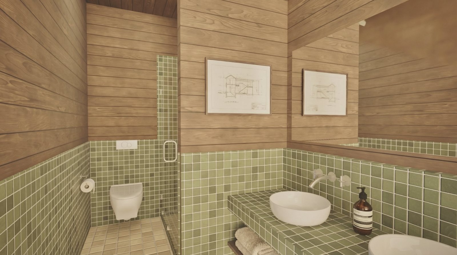 The bathroom lined in small green tile, with a wall-hung basin and a window above the tub