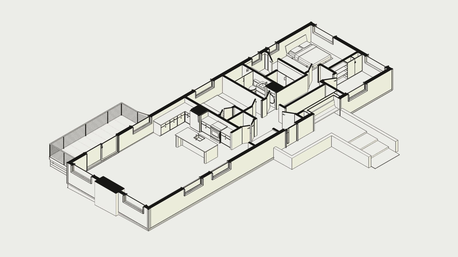 A cutaway axonometric of the whole plan, showing how the rooms sit along the rectangle under one roof