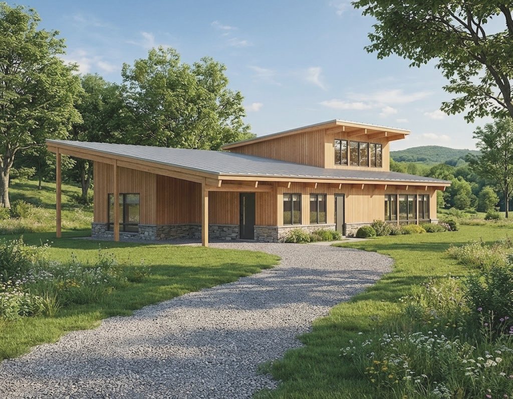 A two-storey house with a clerestory over the middle, a long shed roof running down to a covered walk on timber posts, and a gravel drive curving up through meadow